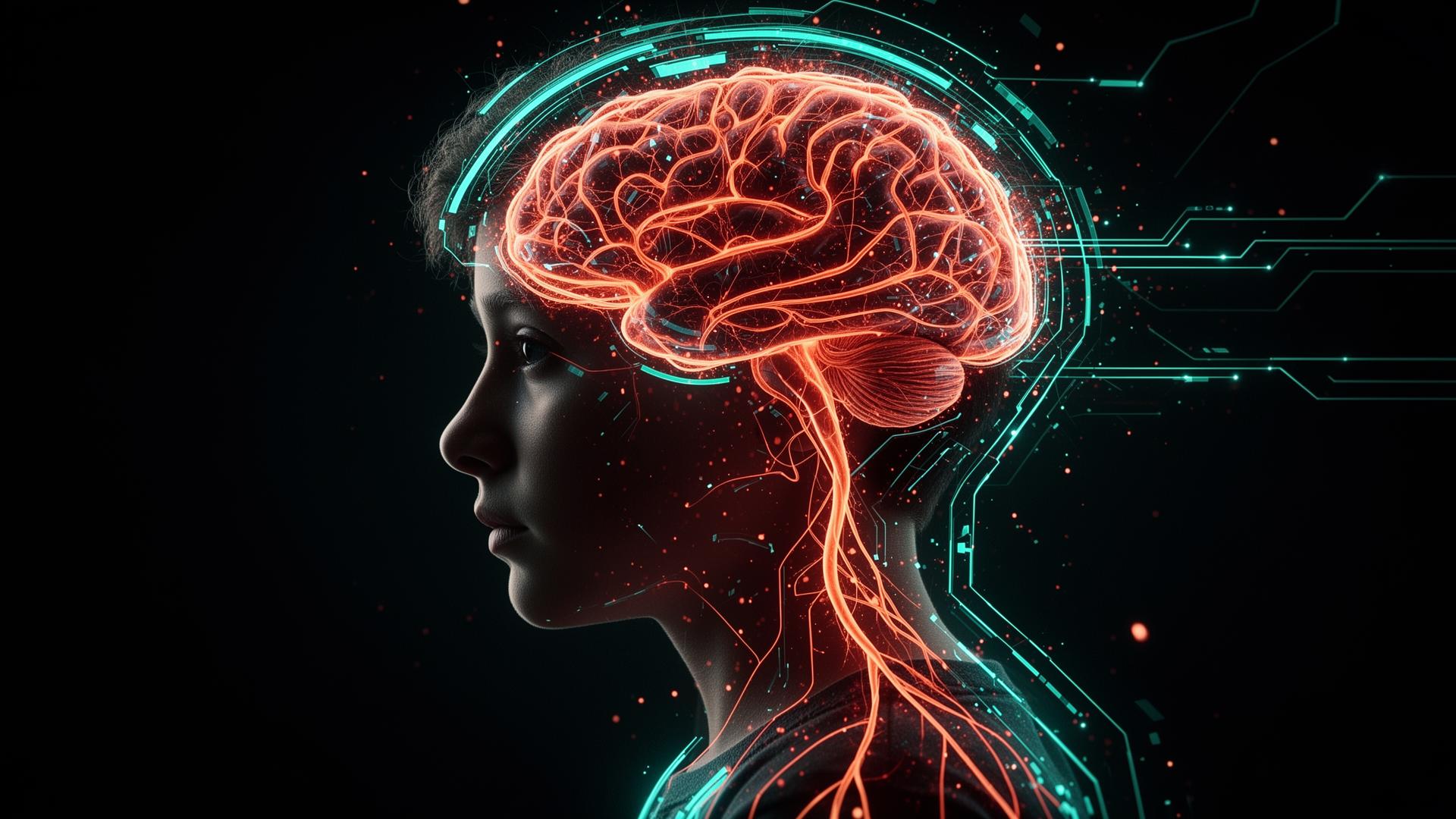 Adolescente com cérebro conectado a uma rede neural futurista